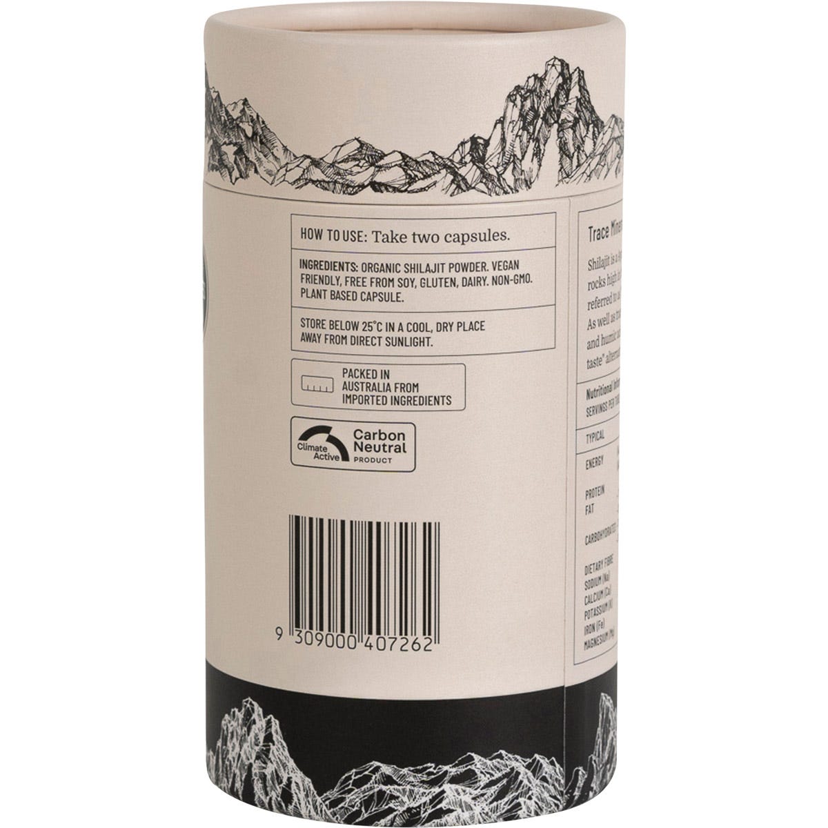 Evolution Botanicals Himalayan Shilajit 120 capsules black and gold tube shown from a left-side angle.