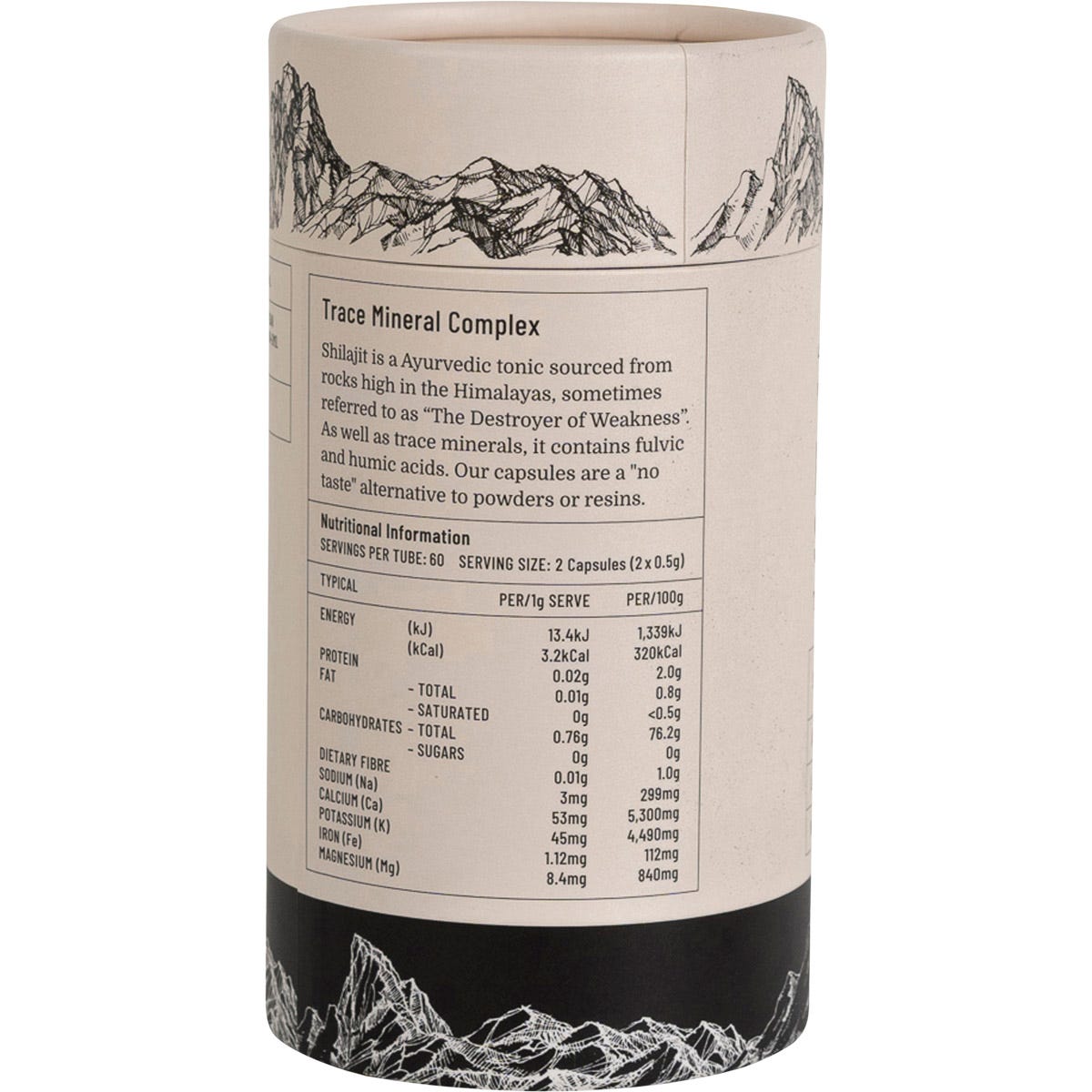 Right-side view of an Evolution Botanicals Himalayan Shilajit 120-capsule tube in black and gold.