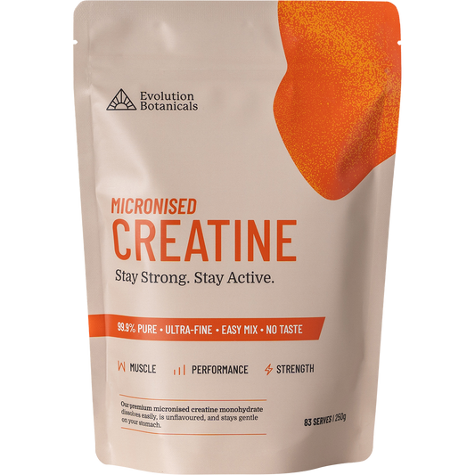 Evolution Botanicals 250g Micronised Creatine pouch on a white background.