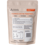 Back of Evolution Botanicals 250g Creatine pouch showing nutrition facts and ingredients on a white background.