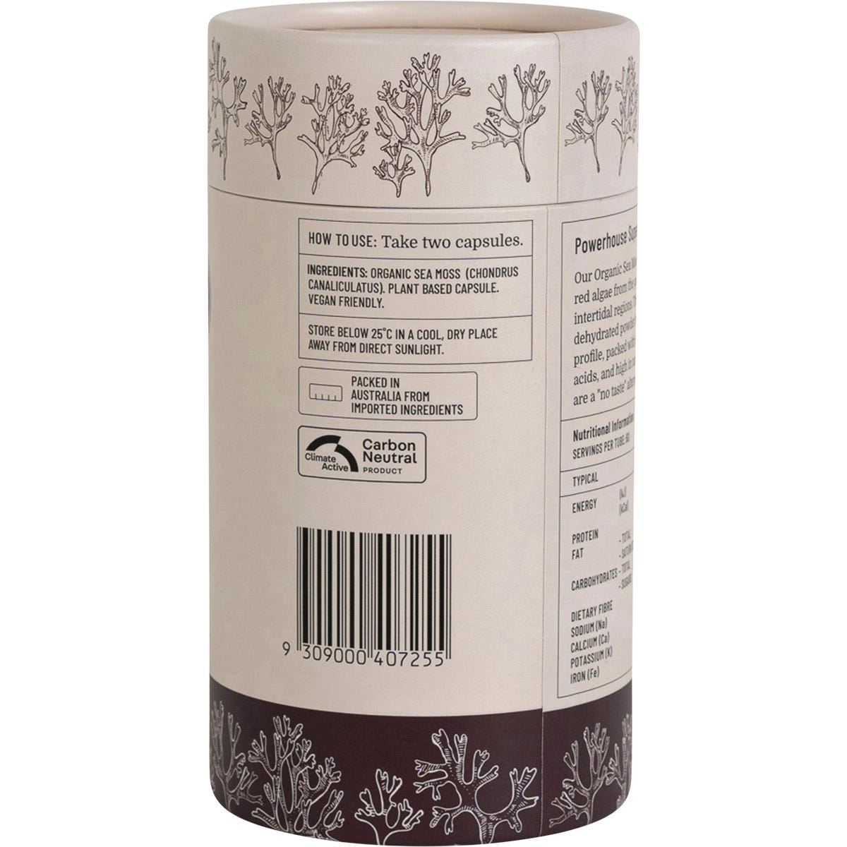 Side view of Evolution Botanicals Organic Sea Moss 120 capsules tube showing product features and barcode.