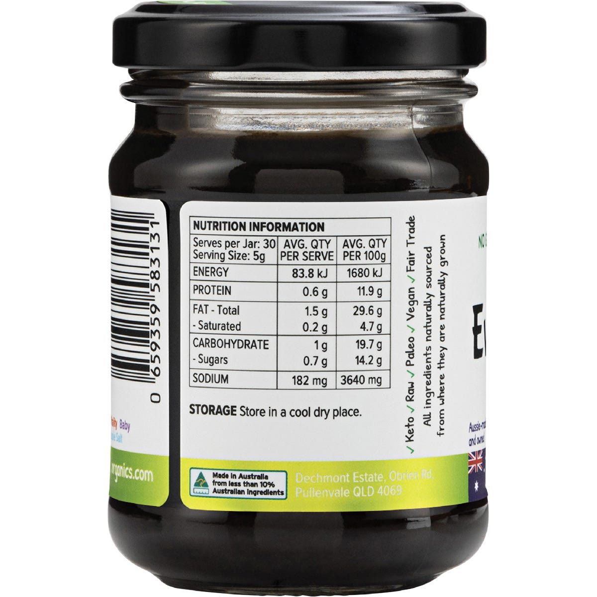 Side view of EveryOrganics EveryMite FODMAP Friendly spread jar with a yellow label and organic black sesame seeds.