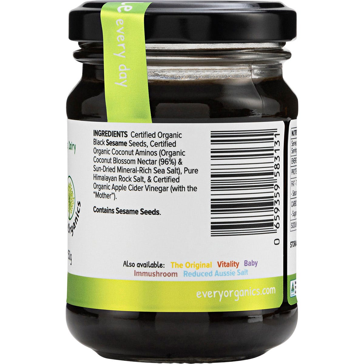 Side view of EveryOrganics EveryMite FODMAP Friendly 150g jar showing ingredients and nutritional benefits.