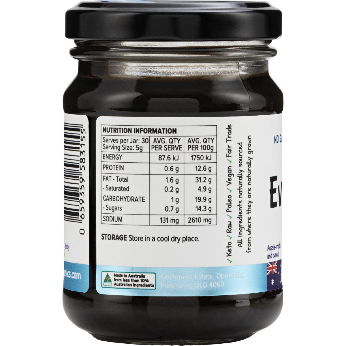Left-angled view of a 150g jar of EveryMite Reduced Aussie Salt organic spread on a white background.