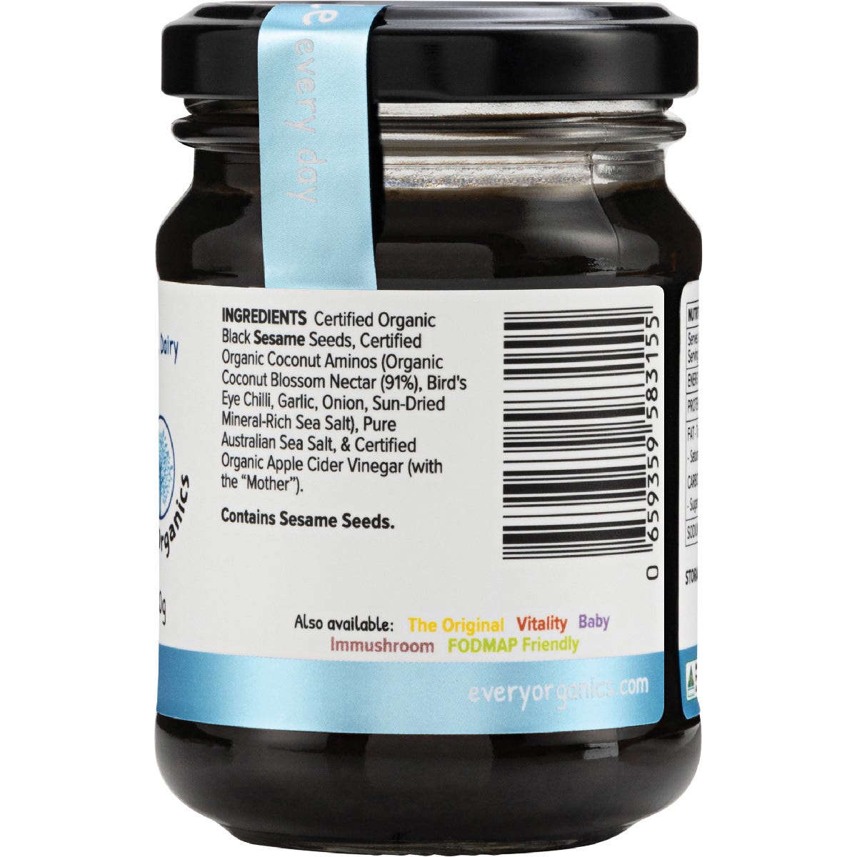 Right-angled view of a 150g jar of EveryMite Reduced Aussie Salt organic spread on a white background.