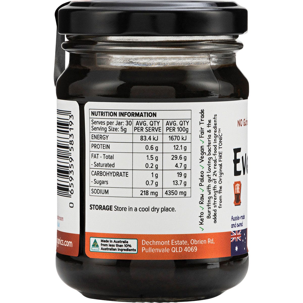 Left side view of a 150g EveryOrganics EveryMite Vitality jar showing organic ingredients and nutritional information.