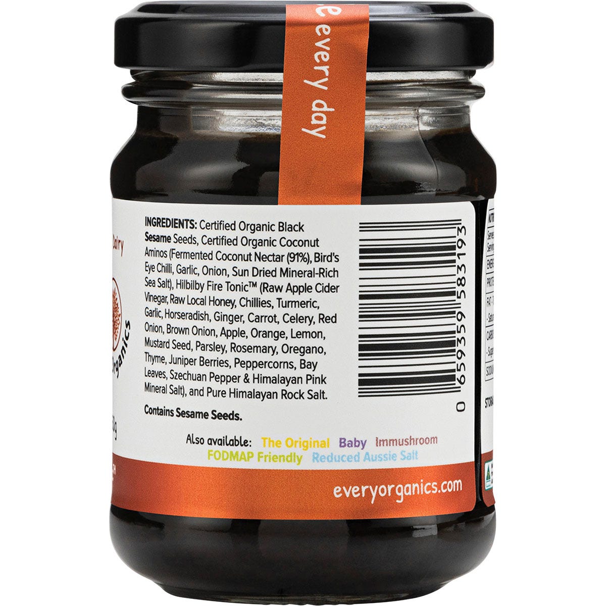 Right side of a 150g EveryOrganics EveryMite Vitality jar showing a barcode and Australian-made logo.
