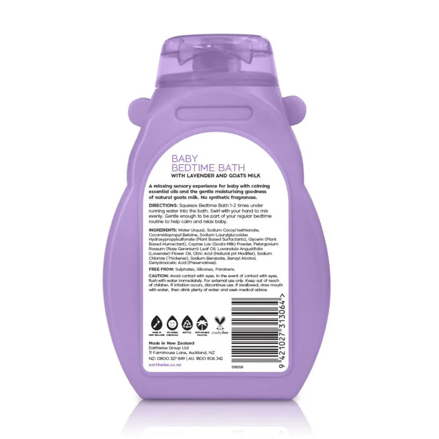 Earthwise Nourish Hippo Baby Bedtime Bath 275ml purple bottle featuring a hippo illustration and lavender flowers.