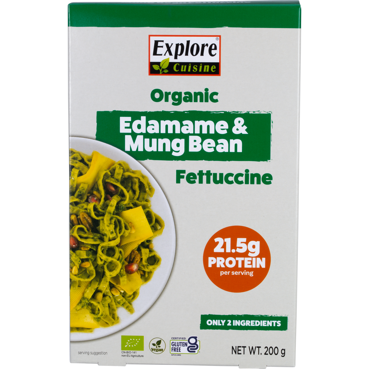 200g box of Explore Cuisine Organic Edamame and Mung Bean Fettuccine with 42g protein per serving.