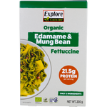 200g box of Explore Cuisine Organic Edamame and Mung Bean Fettuccine with 42g protein per serving.