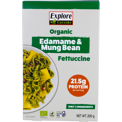 200g box of Explore Cuisine Organic Edamame and Mung Bean Fettuccine with 42g protein per serving.