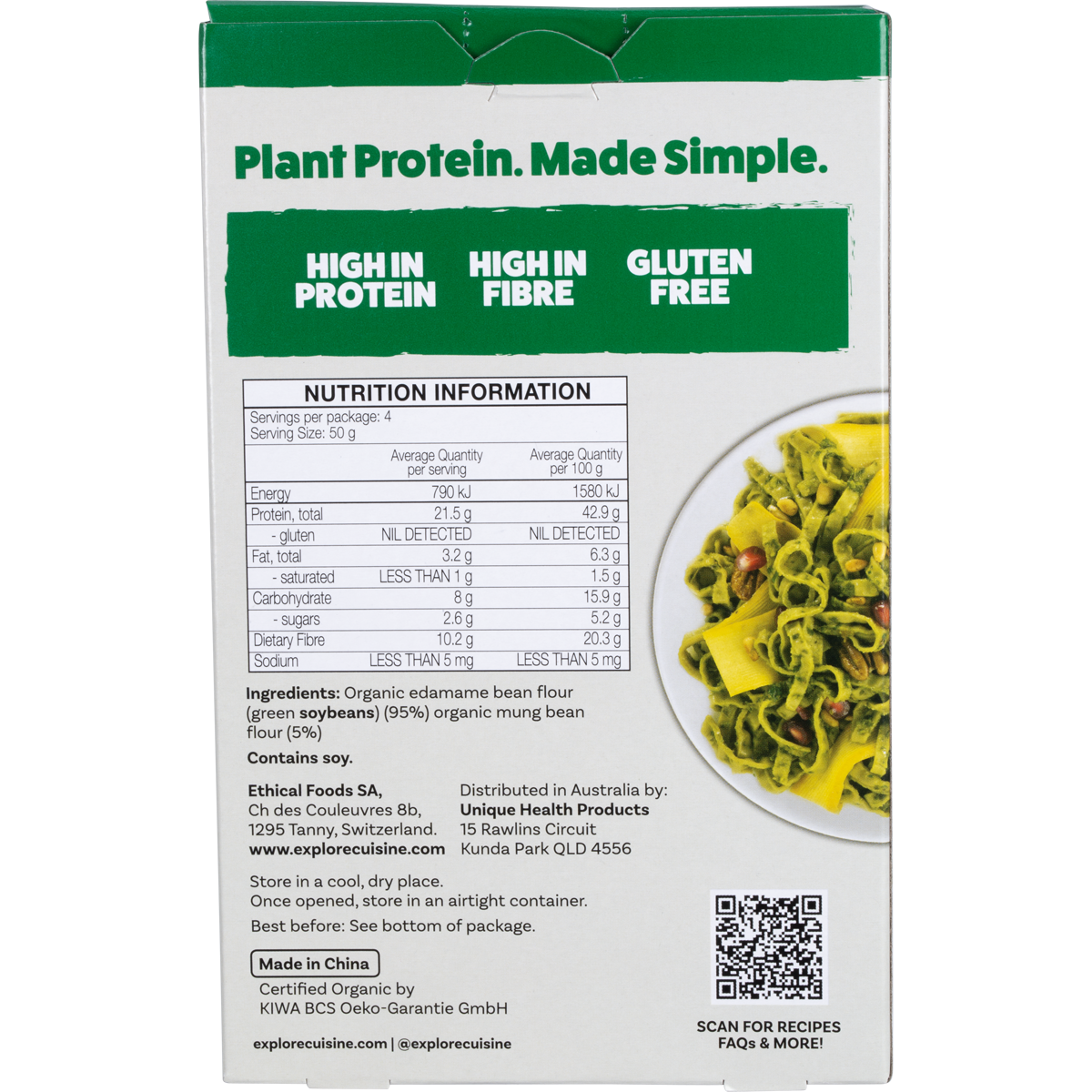 Back of Explore Cuisine Organic Edamame & Mung Bean Fettuccine box showing nutritional facts and ingredients.