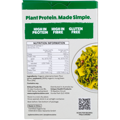 Back of Explore Cuisine Organic Edamame & Mung Bean Fettuccine box showing nutritional facts and ingredients.