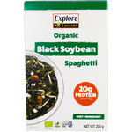 Explore Cuisine Organic Black Bean Spaghetti 200g box with a bowl of black noodles and ingredients on a white background.