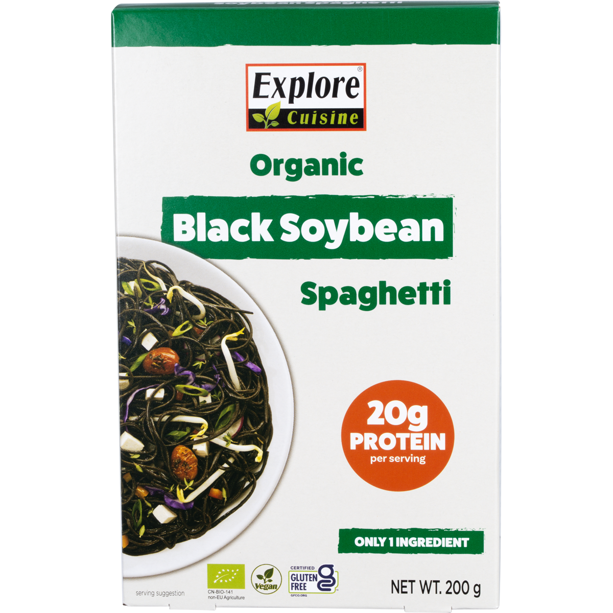 Explore Cuisine Organic Black Bean Spaghetti 200g box with a bowl of black noodles and ingredients on a white background.