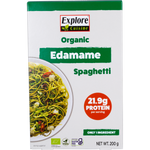 200g box of Explore Cuisine Organic Edamame Spaghetti, a green plant-based pasta, on a white background.