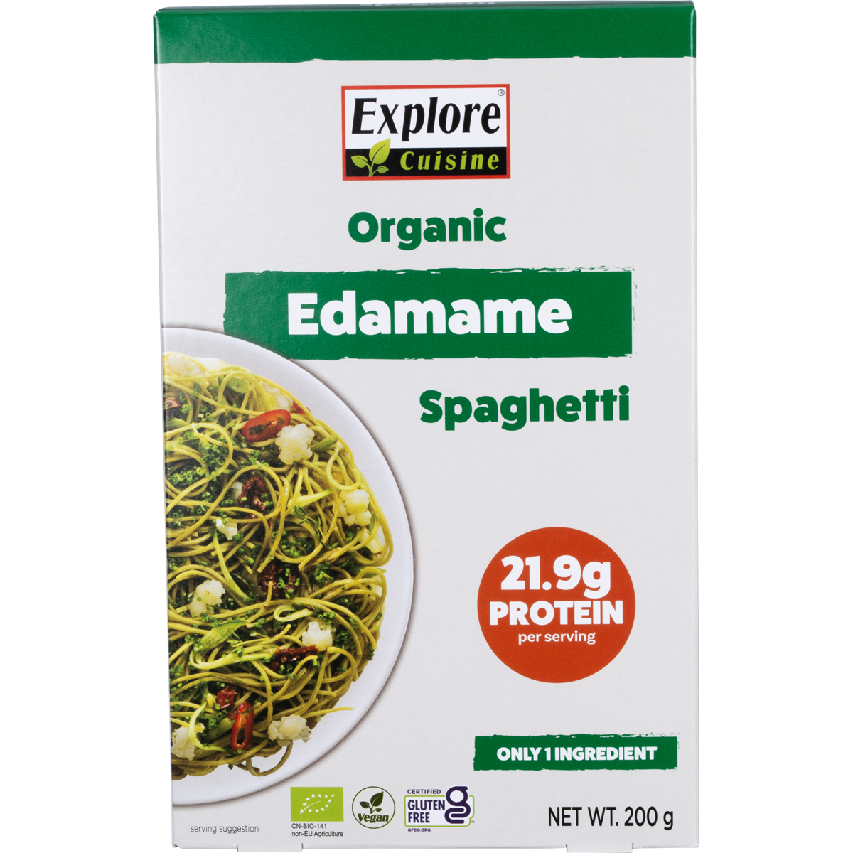 200g box of Explore Cuisine Organic Edamame Spaghetti, a green plant-based pasta, on a white background.