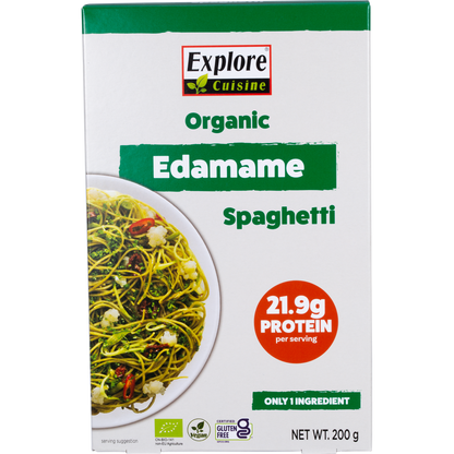 200g box of Explore Cuisine Organic Edamame Spaghetti, a green plant-based pasta, on a white background.