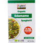 200g box of Explore Cuisine Organic Edamame Spaghetti, a green plant-based pasta, on a white background.