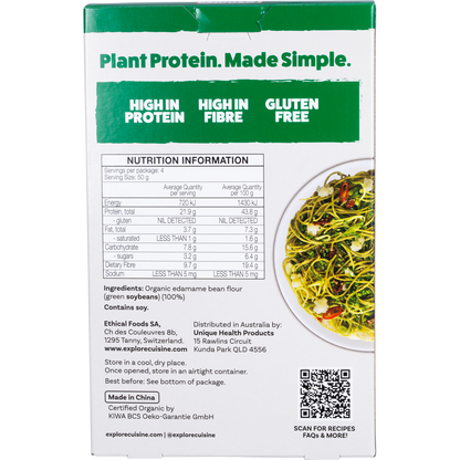 Back of 200g Explore Cuisine Organic Edamame Spaghetti box showing nutrition facts and cooking instructions.