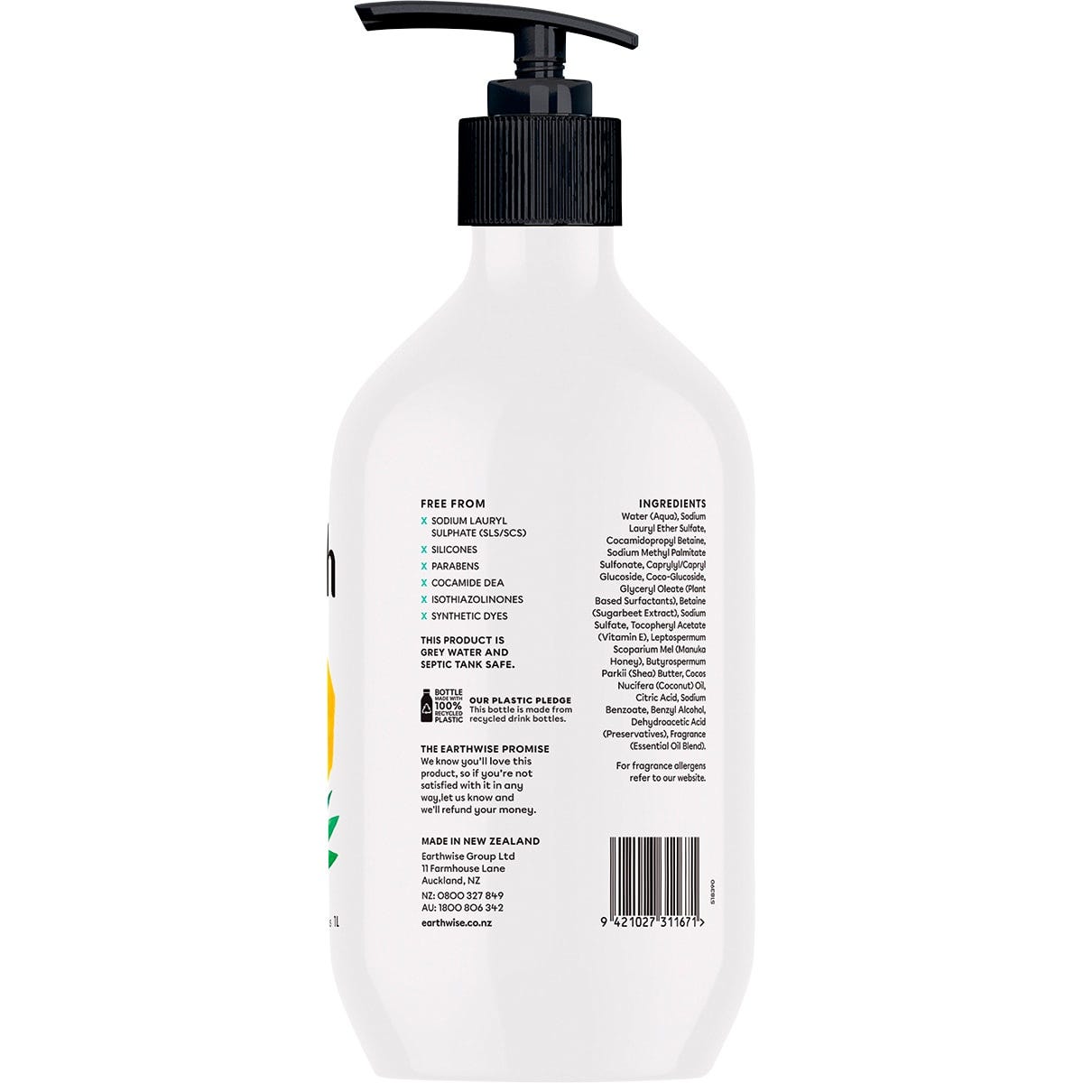 Back view of Earthwise Nourish Body Wash 1L bottle with ingredients, directions, and product information.