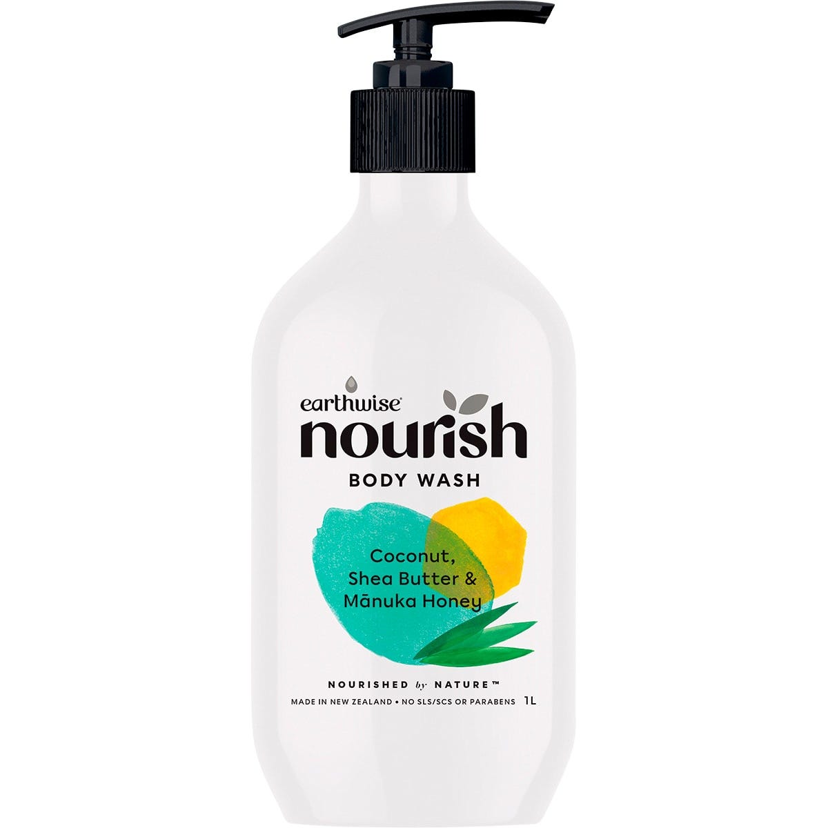 1L bottle of Earthwise Nourish Body Wash with Coconut, Shea Butter, and Manuka Honey, featuring a pump dispenser.
