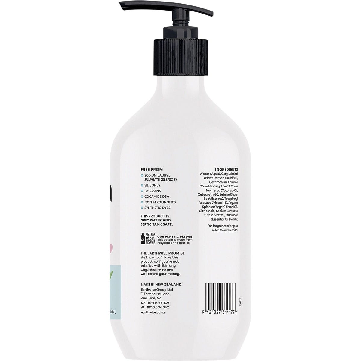 Side view of an Earthwise Nourish Revitalise Conditioner 800ml bottle with a white pump dispenser.