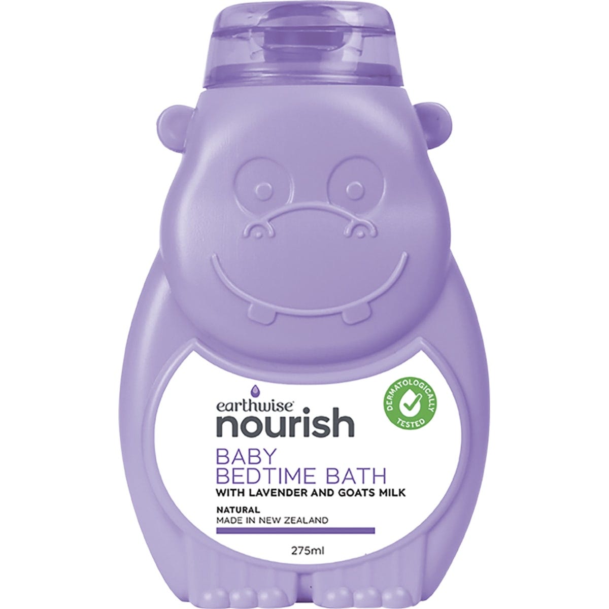 Earthwise Nourish Hippo Baby Bedtime Bath 275ml bottle with a purple hippo illustration and lavender on the label.