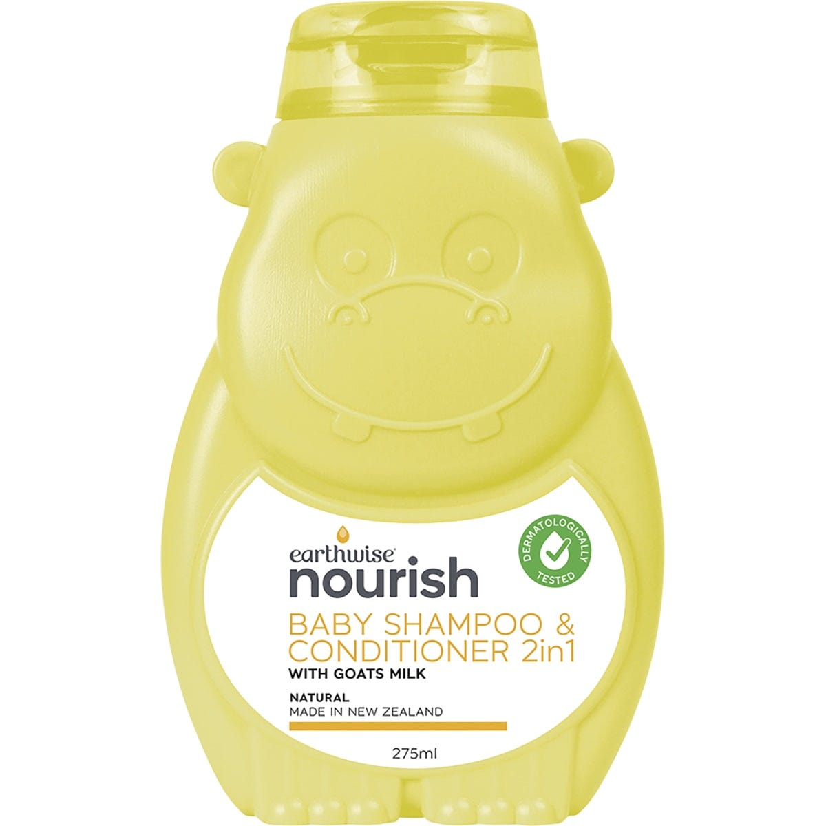 275ml Earthwise Nourish Hippo Baby 2in1 Shampoo & Conditioner bottle with a cute hippo illustration.