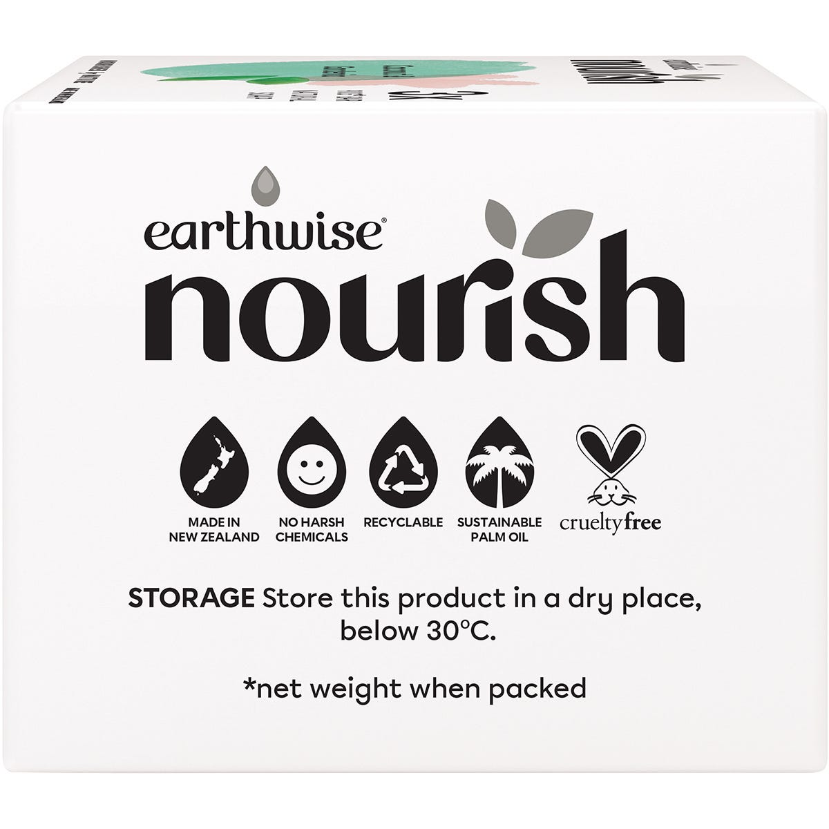 Back of Earthwise Nourish Coconut and Gardenia soap box with nutrition facts and ingredients.