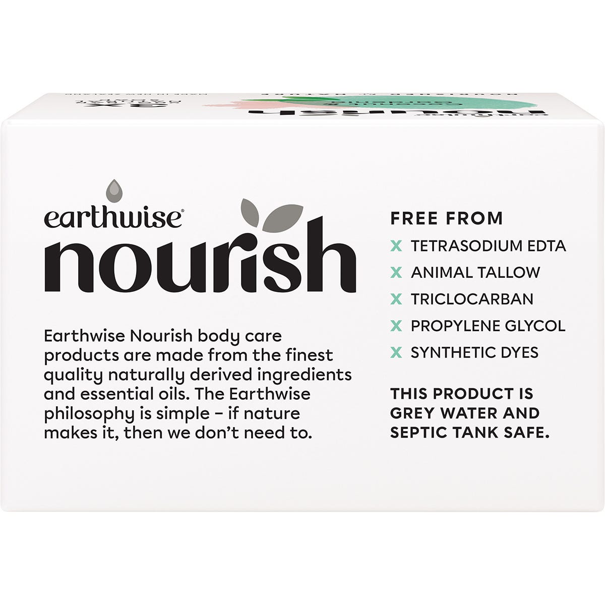 Side view of Earthwise Nourish Coconut and Gardenia soap box showing usage directions and free-from information.