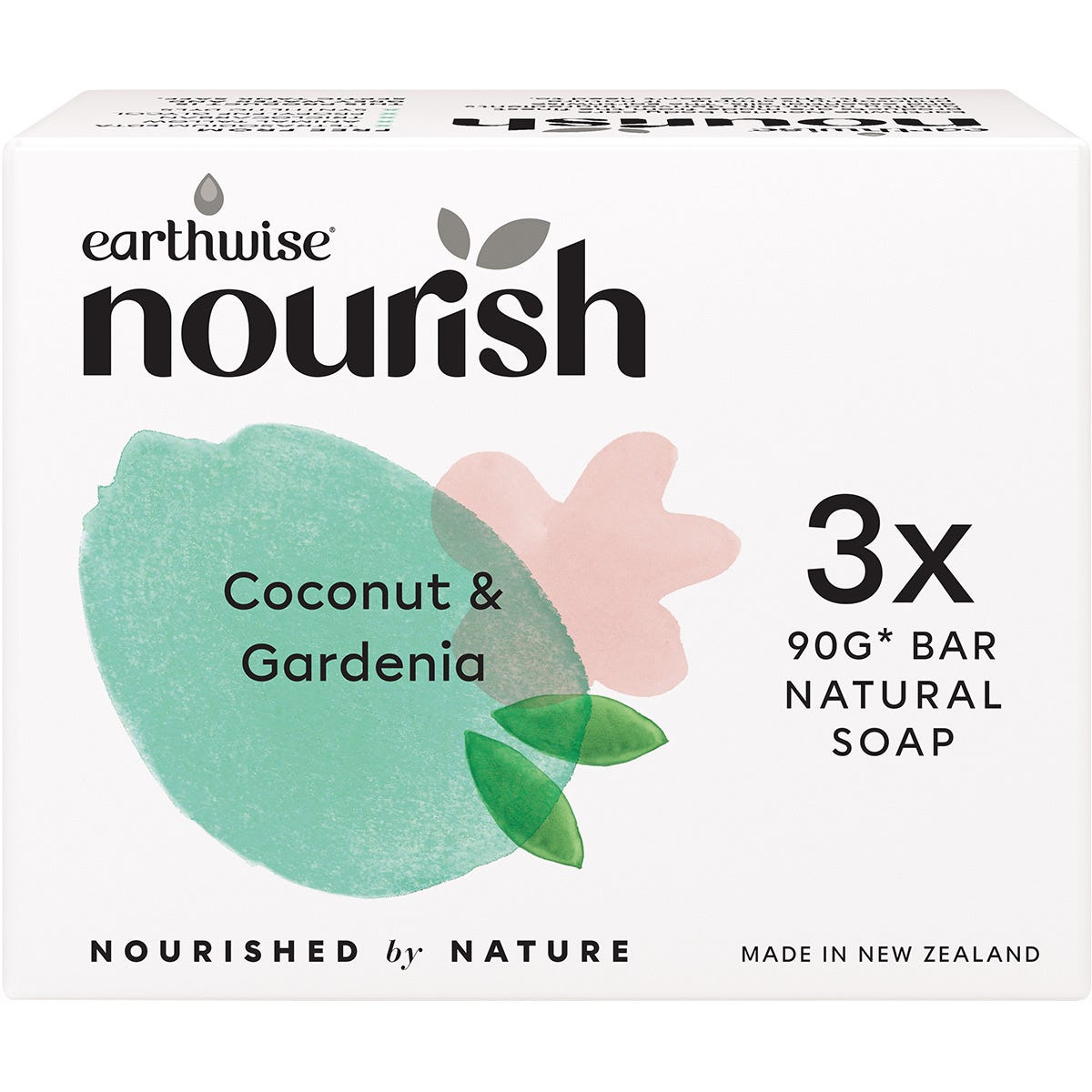 Earthwise Nourish Coconut and Gardenia natural soap bar 3-pack box on a white background.