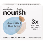3-pack of Earthwise Nourish Goat's Milk and Shea Butter soap bars in a white and blue botanical-themed box.