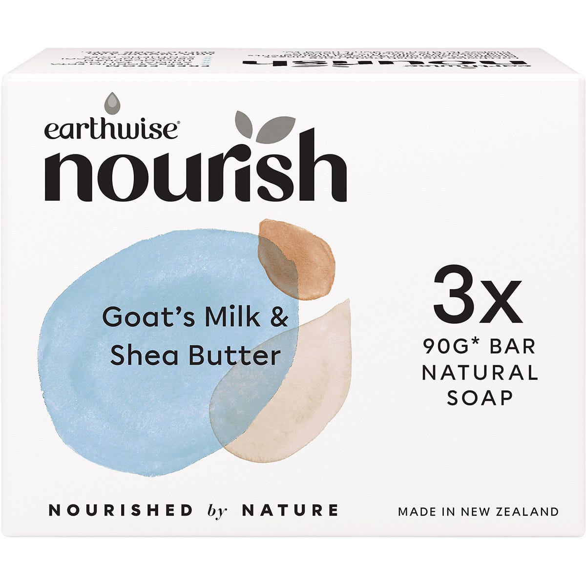 3-pack of Earthwise Nourish Goat's Milk and Shea Butter soap bars in a white and blue botanical-themed box.