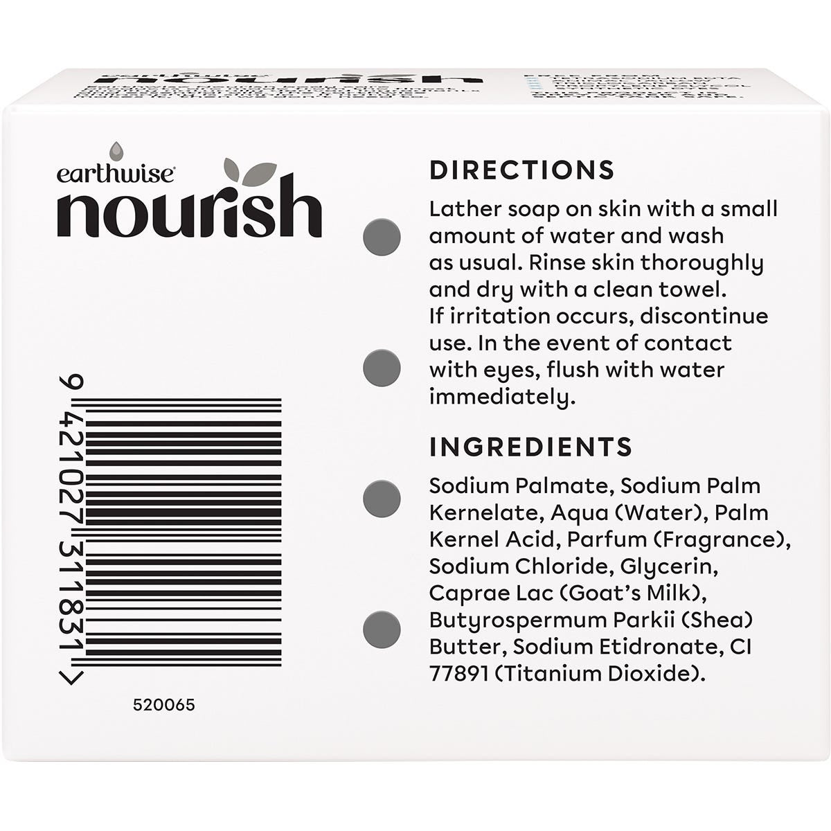 3-pack of Earthwise Nourish Goat's Milk and Shea Butter soap bars in a white and blue botanical-themed box.