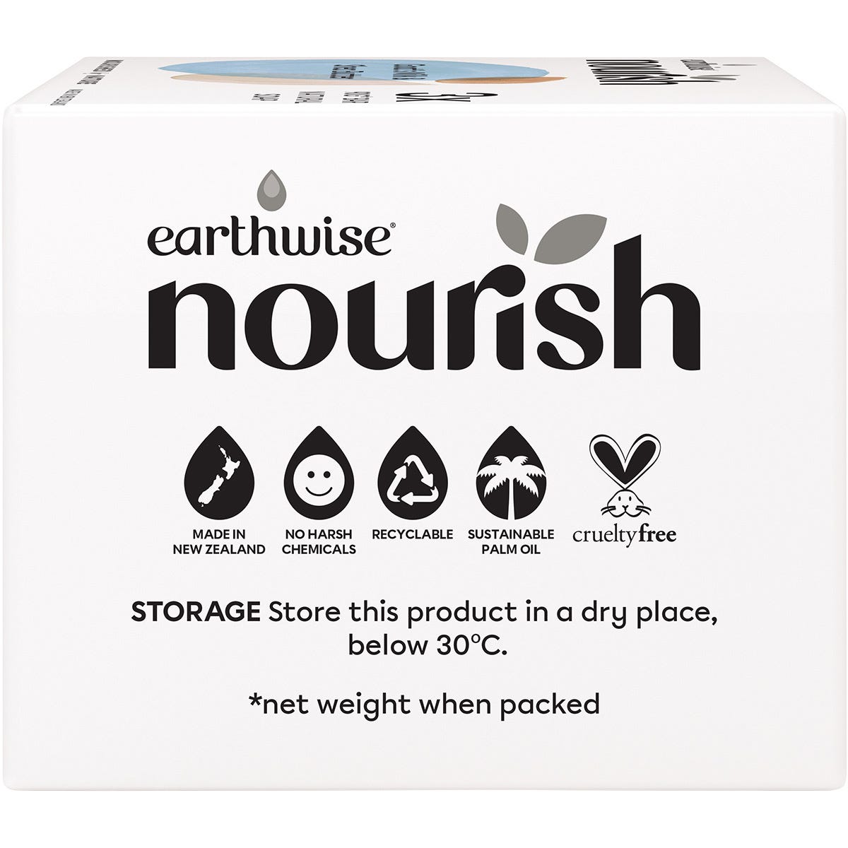 Back of Earthwise Nourish Goat's Milk & Shea Butter soap box with ingredients and 3-pack product information.