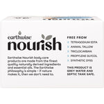 Side view of Earthwise Nourish Goat's Milk & Shea Butter soap box showing botanical illustrations and product info.