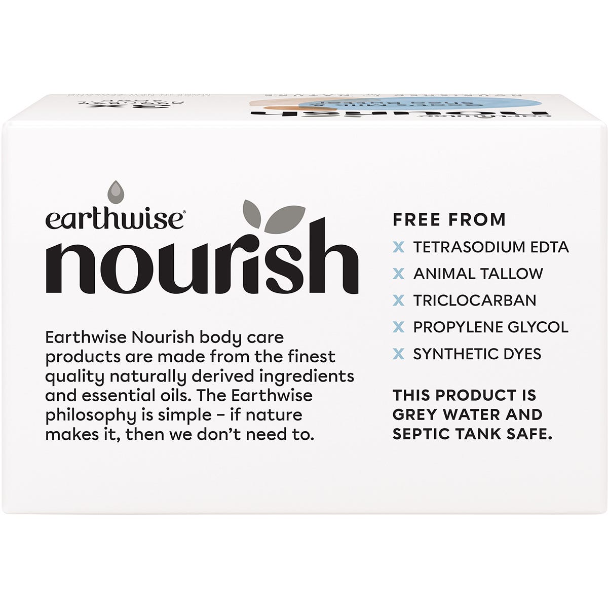 Side view of Earthwise Nourish Goat's Milk & Shea Butter soap box showing botanical illustrations and product info.