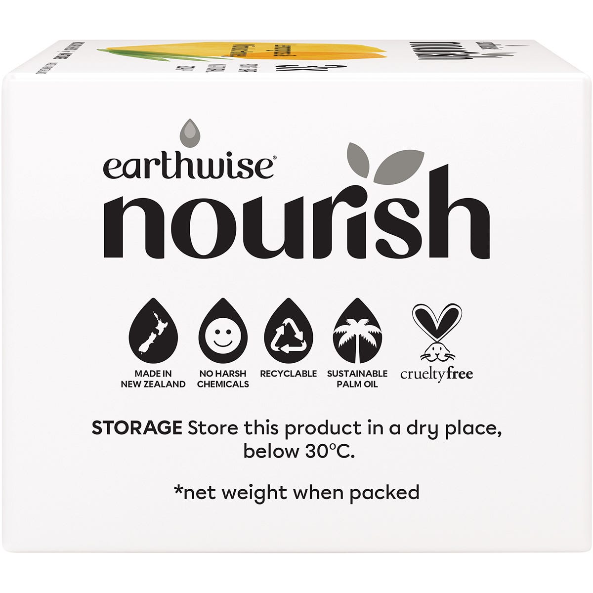 Back of Earthwise Nourish Lemongrass & Manuka Honey 3-pack soap box showing ingredients and directions.