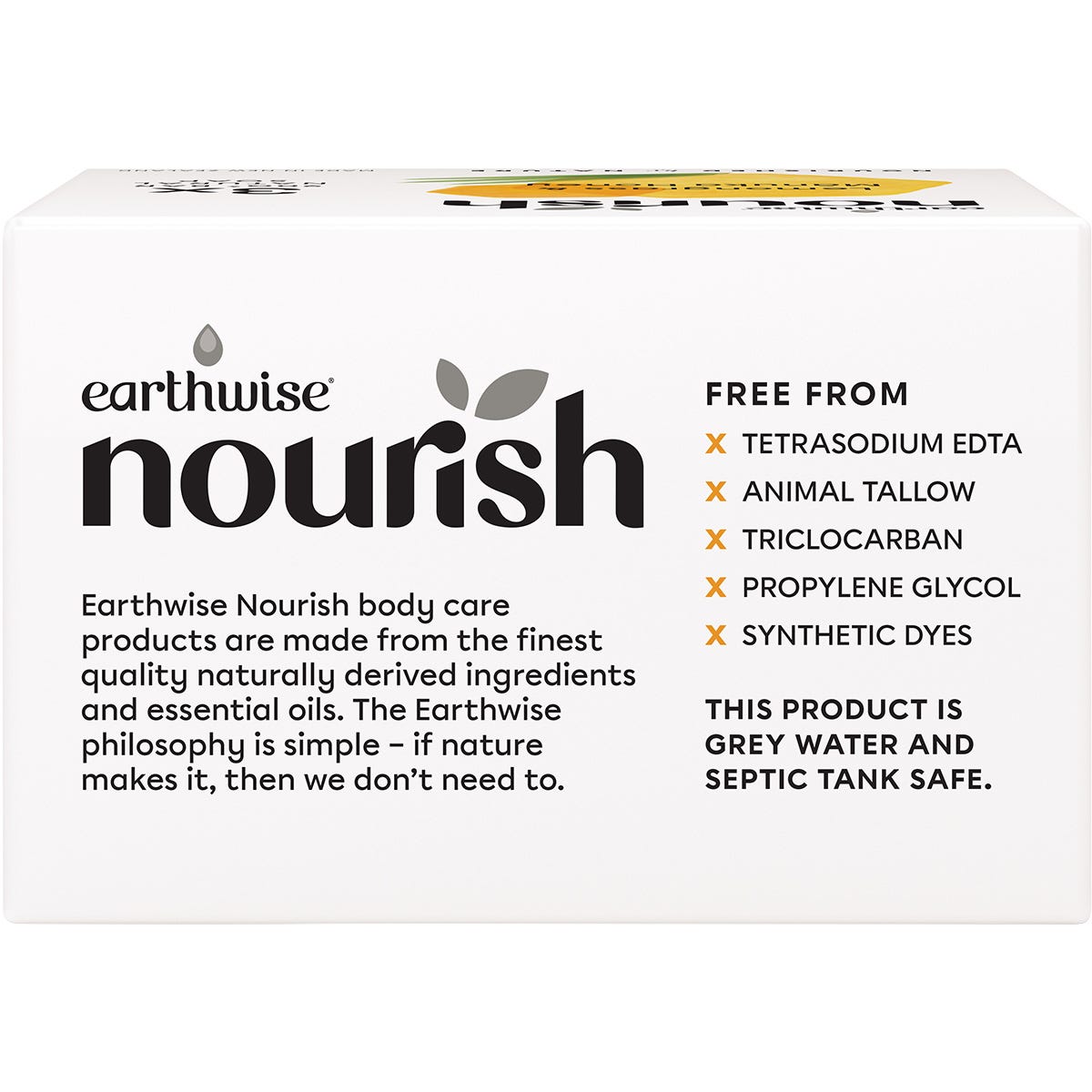 Side of Earthwise Lemongrass & Manuka Honey soap box showing product features, directions, and New Zealand made logo.