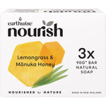 Three 90g bars of Earthwise Nourish Lemongrass and Manuka Honey soap in a recyclable cardboard box.