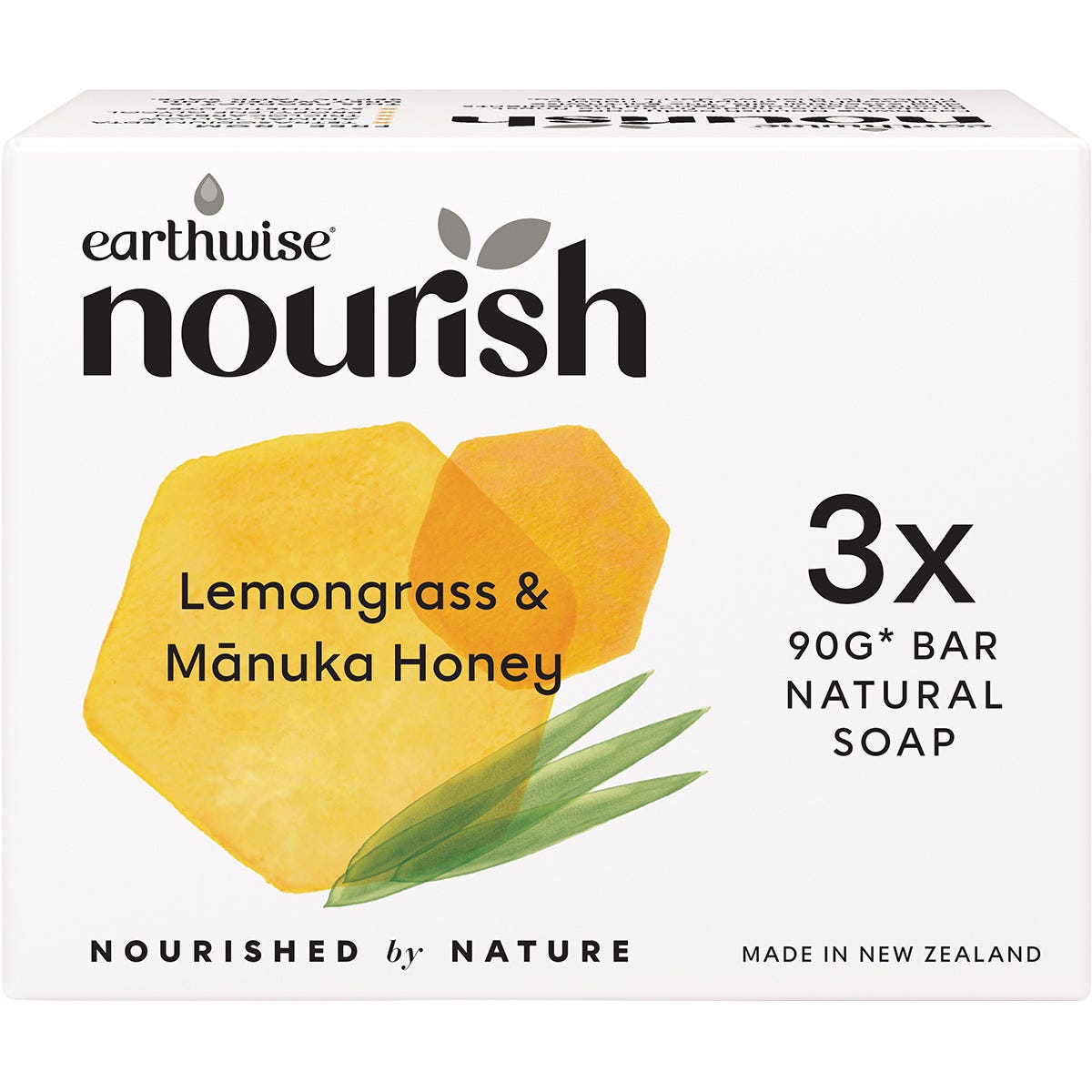 Three 90g bars of Earthwise Nourish Lemongrass and Manuka Honey soap in a recyclable cardboard box.