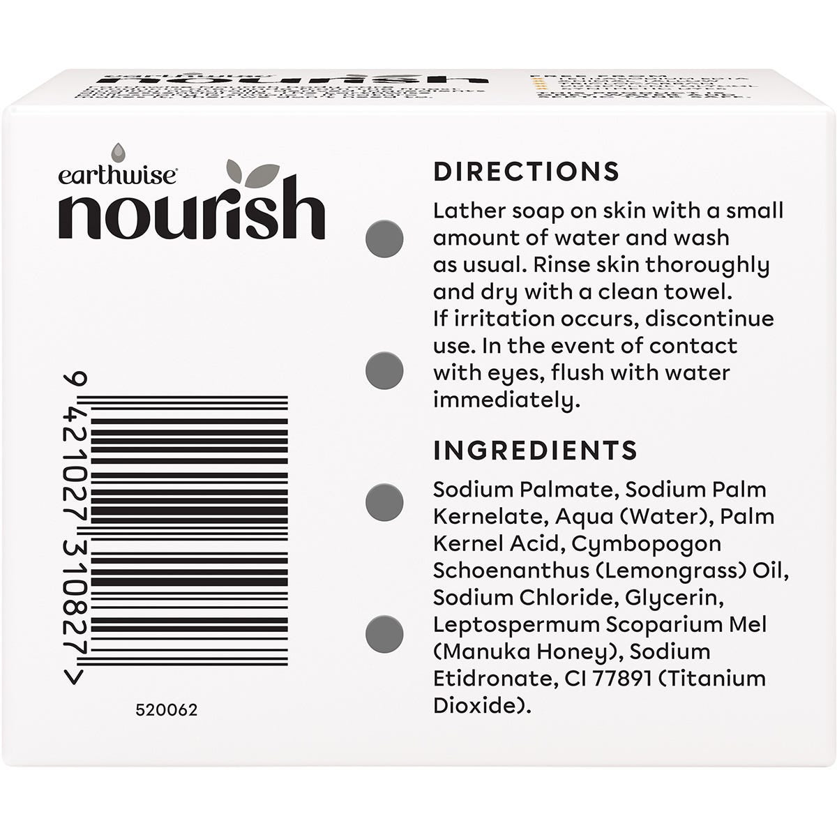 Box of three Earthwise Nourish Lemongrass and Manuka Honey natural soap bars on a white background.