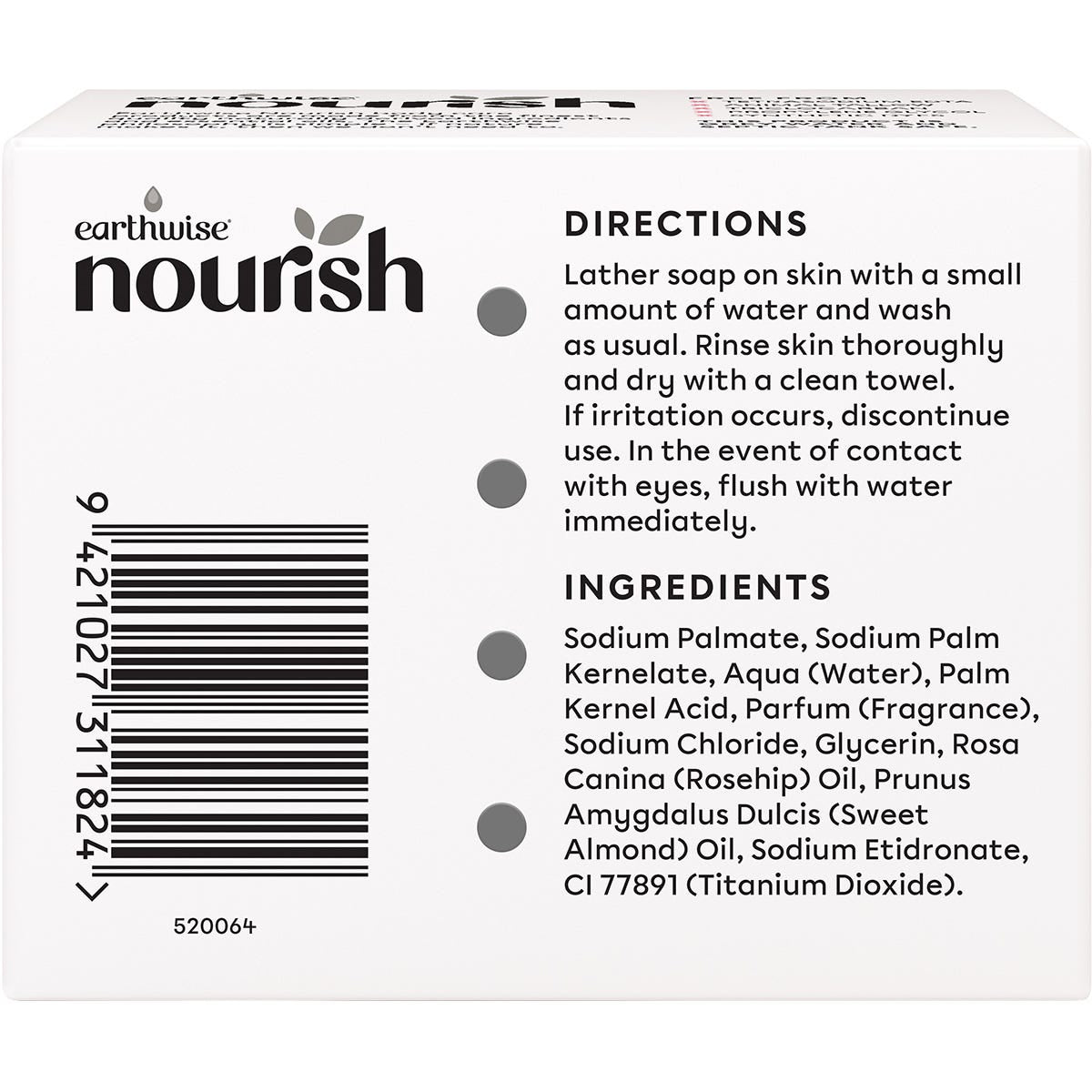 Earthwise Nourish Rosehip and Almond Oil 3-pack soap bars in pink and white packaging.