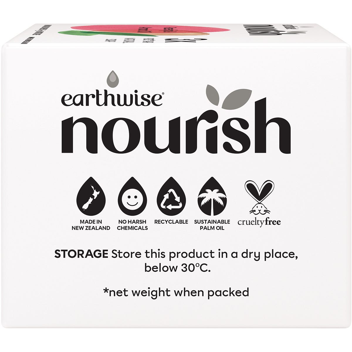 Pink and white 3-pack of Earthwise Nourish Rosehip and Almond Oil soap bars on a white background.