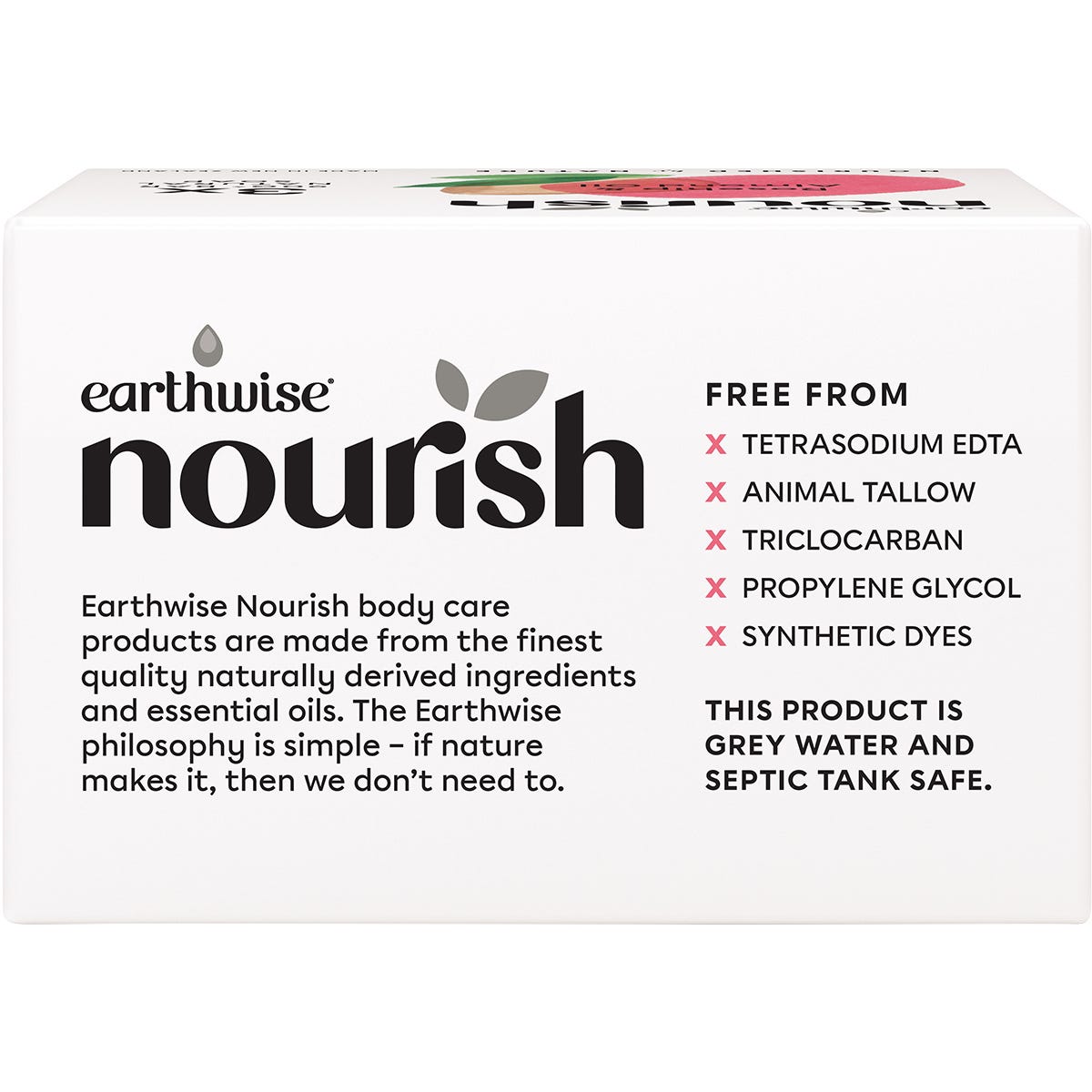 Back of Earthwise Nourish 3-pack soap box showing ingredients, directions, and environmental certifications.