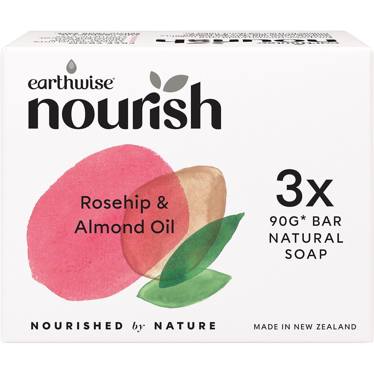 Earthwise Nourish 3-pack of Rosehip and Almond Oil natural soap bars in pink and white packaging.