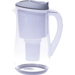 Ecobud Gentoo 1.5L glass water filter jug in grey and white with a sleek borosilicate body and ergonomic handle.