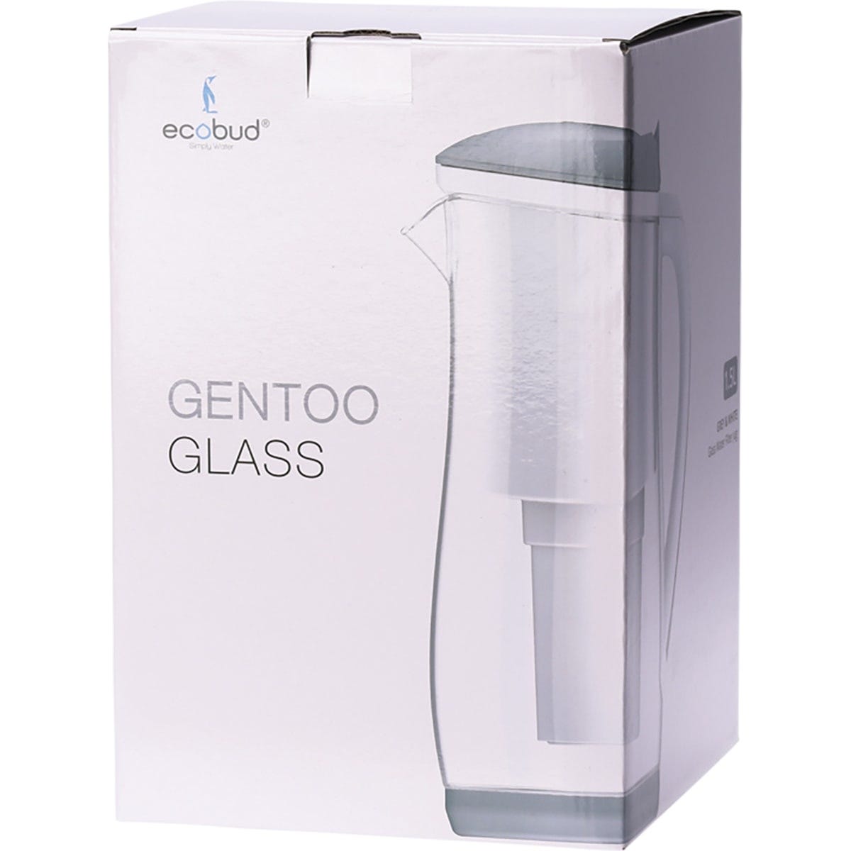 Ecobud Gentoo 1.5L glass water filter jug in grey and white shown from a side angle on a white background.