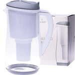Ecobud Gentoo 1.5L glass water filter jug in grey and white featuring a borosilicate glass body and easy-grip handle.